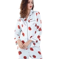 Women's light blue satin pajama set with red tomato prints and contrast piping - M / Light Blue