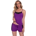 Ensemble pyjama deux pièces violet en modal pour femme avec dentelle noire et cordon - Violet