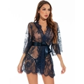 Navy blue floral lace see-through sexy robe set with eyelash trim and silk waist tie - S / Navy Blue