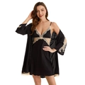 Completo notte in raso nero da donna con pizzo beige e vestaglia coordinata inclusa - M / Nero