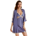 Set da notte in raso viola scuro, due pezzi con elegante bordo in pizzo beige - M / Viola