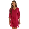 Burgundy lace V-neck modal nightgown with elegant floral trim and loose fit design - Burgundy