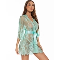 Mint green sheer floral lace robe with matching silk sash for a seductive feminine look - Mint Green