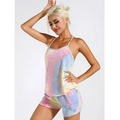 Buntes Batik-Schlafanzug-Set aus Modal-Baumwolle für Damen mit Spaghettiträger und Shorts - S / Trägertop Und Shorts (YS2013) Rosa Blau Und Gelb Tie-Dye