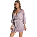 Lavender satin lace robe set for women with deep V-neck and eyelash lace trim detail - Lotus Grey