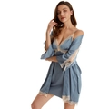 Set pigiama in raso di seta blu polvere con pizzo, vestaglia e camicia da notte - M / Grigio Blu