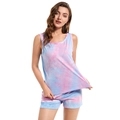 Damen Schlafanzug-Set aus Modal-Baumwolle mit blau-rosa Batikmuster und Shorts - S / Ärmellos Top Und Shorts (YS2007) Blau Und Rosa Tie-Dye