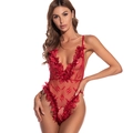 Body de encaje rojo con escote en V profundo, apliques florales 3D y malla pura - S / Estilo Cuello V Profundo Flores 3D (5002) / Granate