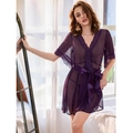 Elegant purple mesh sheer robe with lace trim and satin waist ribbon for women - S / Top And Bottom / Purple