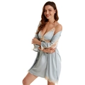 Elegant light blue silk satin pajama set with lace trim and matching robe for women - Light Green