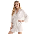 Women's white silk satin short bathrobe with delicate lace trim and adjustable waist tie - S/M / White