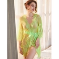 Pale green sheer lace sexy robe with floral embroidery and satin waist bow tie - S / Fluorescent Green