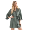 Women's dark green ice silk robe with lace trim and waist tie in a loose fit - S/M / Green