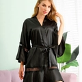 Elegant black satin bridal robe with intricate lace trim and matching waist tie belt - S/M / Black