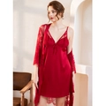 Elegant dark red satin nightgown set with lace-trimmed chemise and matching robe - M / Wine Red