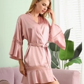 Pink silk bridal robe with lace trim and waist tie shown in a cozy home setting - S/M / Bean Red