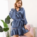 Navy blue satin bridal robe with delicate lace sleeves and waist tie for women - S/M / Dusty Blue