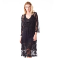 Elegante conjunto de lencería de encaje negro con vestido de seda y bata larga de noche - M / Negro
