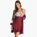 Ensemble pyjama rouge rubis en satin de soie avec dentelle blanche et peignoir - M / Bordeaux