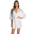 Elegant white silk pajama set for women featuring delicate lace trim and tie waist - White