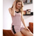 Pink modal pajama set for women with delicate black lace trim on the top and shorts - S / Top And Bottom / Lilac Purple
