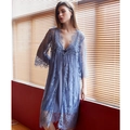 Conjunto de lencería de encaje con camisón transparente y cárdigan de manga larga - M / Gris Azulado