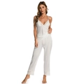 Elegantes weißes Satin-Pyjama-Set mit V-Ausschnitt Top und Hose mit Spitzenbesatz Details - M / Weiß
