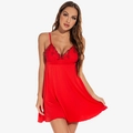 Camisón rojo de modal con encaje bordado, escote en V profundo y tirantes finos - S / Rojo