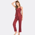 Conjunto de pijama de dos piezas de seda sintética para mujer con encaje en color granate - M / Granate