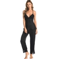 Zweiteiliges schwarzes Satin-Lounge-Set mit V-Ausschnitt-Top und passender Spitzenhose - M / Schwarz