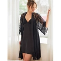 Elegante set camicia da notte in raso con scollo a V e vestaglia in pizzo nero donna - M / Nero