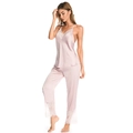 Pink silk satin pajama set for women featuring lace trim and adjustable camisole straps - M / Dark Pink
