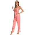 Peach ice silk camisole and pants pajama set with delicate lace trim for women - M / Watermelon red