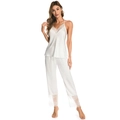 White ice silk pajama set with lace trim camisole and long pants for women - M / White