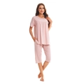Pink polka dot cotton pajama set for women with short sleeve top and capri pants - Pink Polka Dots