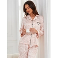 Conjunto de pijama de seda para mujer con estampado de leopardo y bordado en V - M / Rosa