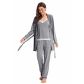Pigiama donna 3 pezzi grigio scuro con canotta in pizzo, vestaglia e pantaloni - S / Grigio chiaro