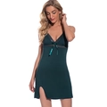 Dark green modal nightgown with lace V-neckline and bow detail for women - Dark Green