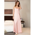 Women's light pink satin long nightgown with spaghetti straps and side split - S / Light Apricot