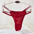 Sexy dark red lace thong with silk texture, bow detail and silver glitter double straps - One Size / Red Satin Bow Style(NK2135-Red)
