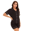 Pigiama corto da donna in cotone modal nero con bordini bianchi e chiusura a bottoni - M / Nero