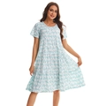 Short sleeve light blue floral print tiered cotton sleep dress for women - Sky Blue Floral