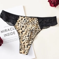 Tanga sexy imprimé léopard avec dentelle noire et fleurs sur une carte blanche - M / Léopard Rayure Jaune Brun (NK5065)