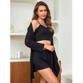 Dreiteiliges schwarzes Pyjama-Set aus Modal mit Camisole, Shorts und langärmeligem Cardigan - S / Schwarz