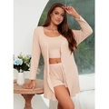 Dreiteiliges Modal-Loungewear-Set mit Strickjacke, Top und Shorts in hellem Beige - S / Khaki