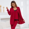 Ensemble pyjama 3 pièces bordeaux en coton avec caraco en dentelle et cardigan long - Bordeaux
