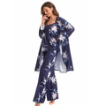 Set pigiama 3 pezzi da donna in cotone con motivo floreale, canotta e vestaglia - S / Blu Marino Floreale