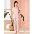 Women's light pink pajamas set with heart stripe print and short sleeve lapel cardigan - XL / Short Sleeve Lapel Cardigan Top + Long Pants Set / Light Pink Heart Stripe (PN2005)