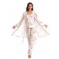 Pyjama 3 pièces pour femme à motif floral avec caraco, pantalon et gilet ceinturé - Rose Beige Clair Floral