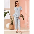Short sleeve pajamas in light blue with white hearts, lace collar and striped pants - Blue Stripe Heart